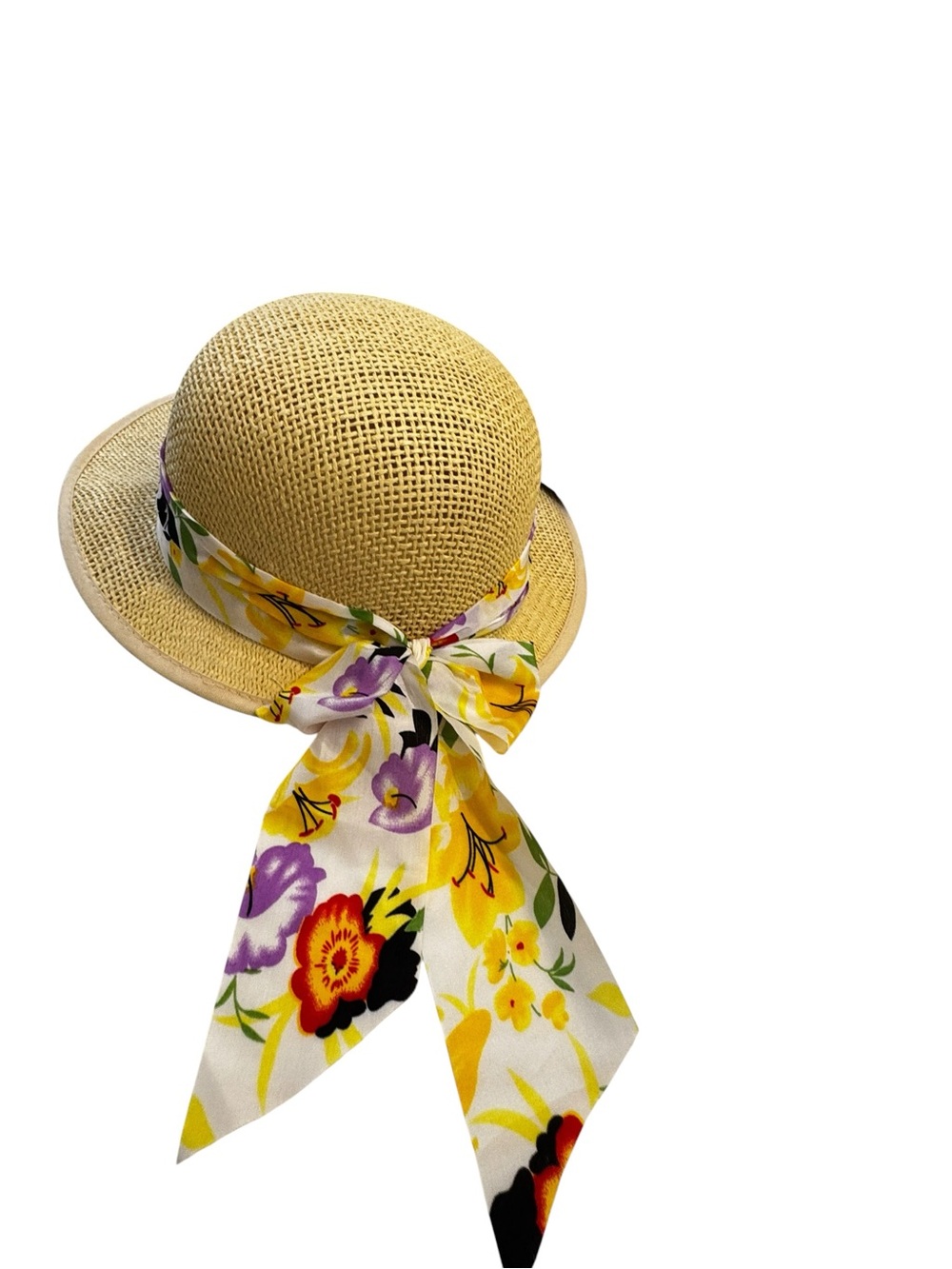 Yellow Straw Sun Hat with Floral Scarf